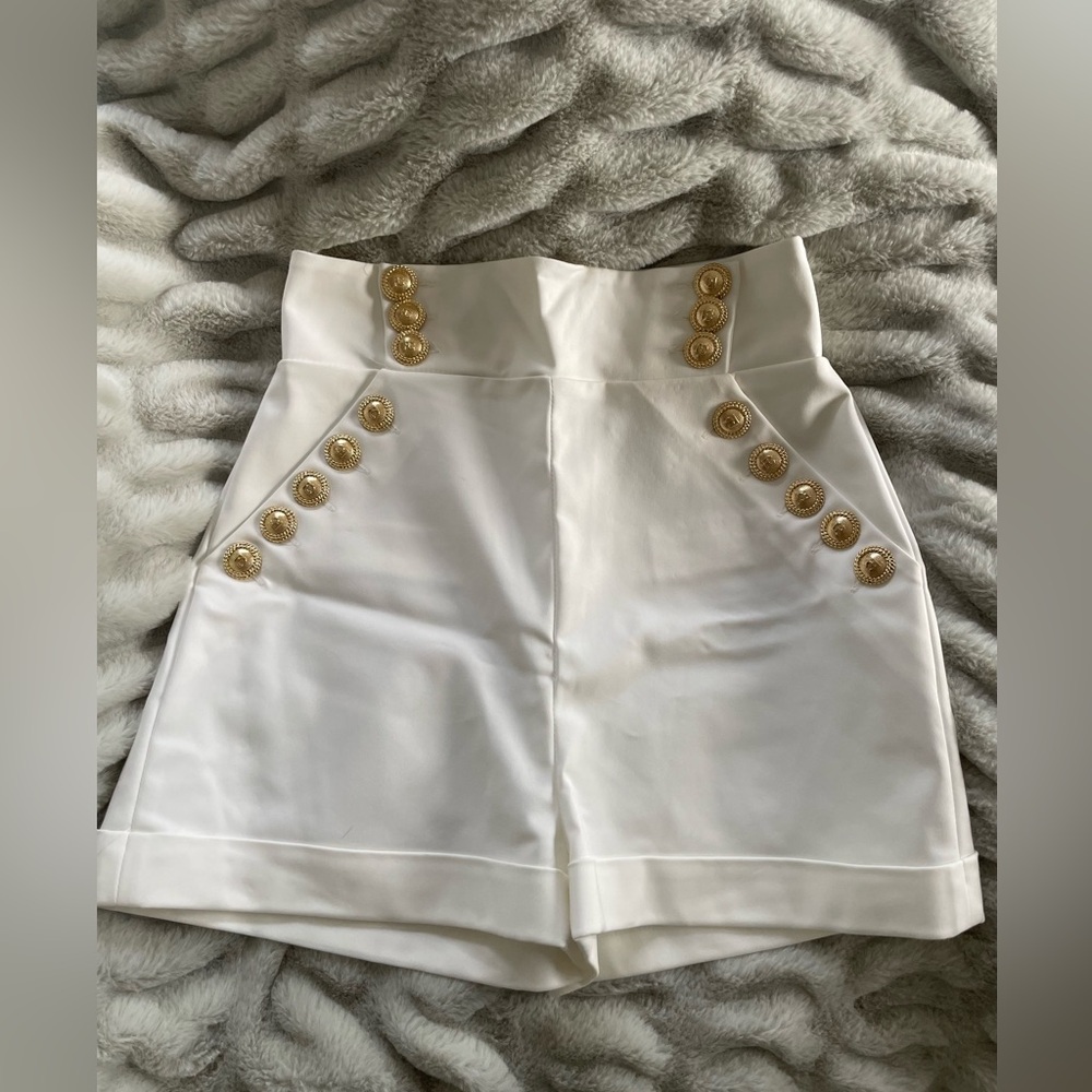 High Waist White Women's Shorts with Gold Button Detail